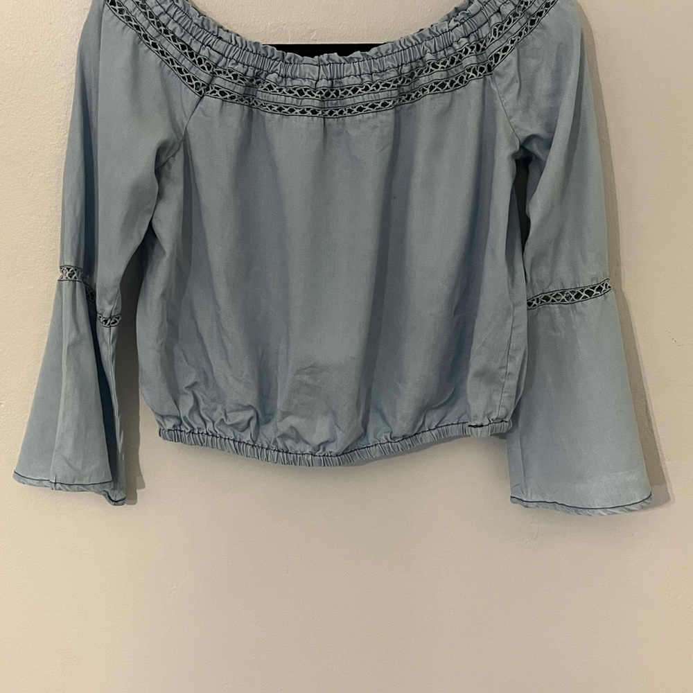 Walter Baker Blue Off Shoulder Boho Top Size M Cropped Bell Sleeve